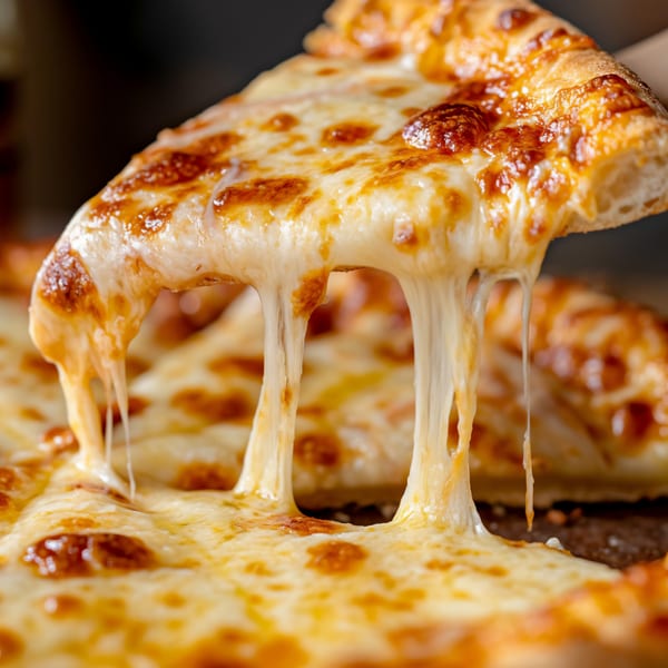 A slice of Holden Pizza's cheese pizza being lifted, with melted cheese stretching.