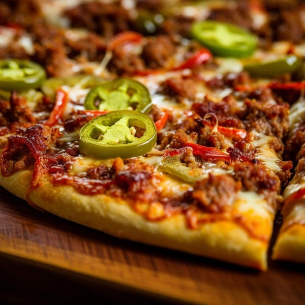 Close-up of a Holden Pizza with ground meat, red peppers, and green jalapeño slices.