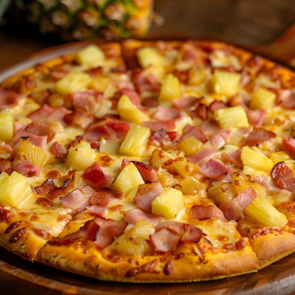 Holden Pizza's Hawaiian pizza, topped with ham, bacon, and pineapple chunks, on a wooden surface.