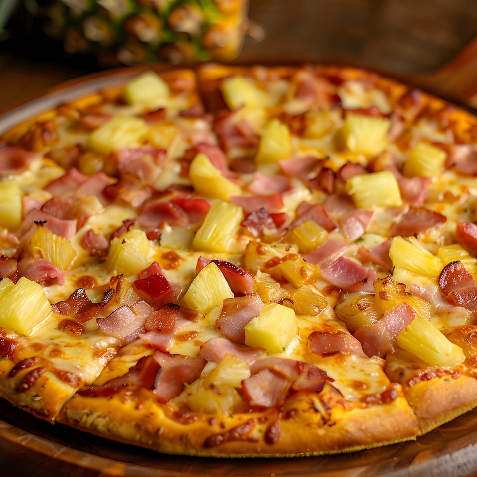 Holden Pizza's Hawaiian pizza, topped with ham, bacon, and pineapple chunks, on a wooden surface.